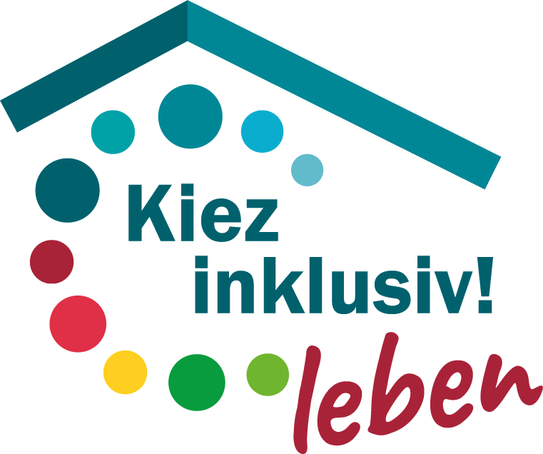 Motto-Grafik mit Schriftzug: "Kiez inklusiv! leben" innerhalb von einem stilisierten Dach und bunten Kreisen